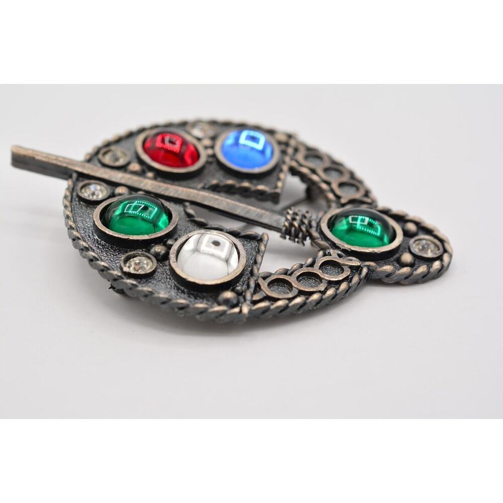 Vintage Pin Brooch Cabochon Large Heavy Celtic Ardagh Red Blue Chunky 70s BinAJ - Picture 6 of 12